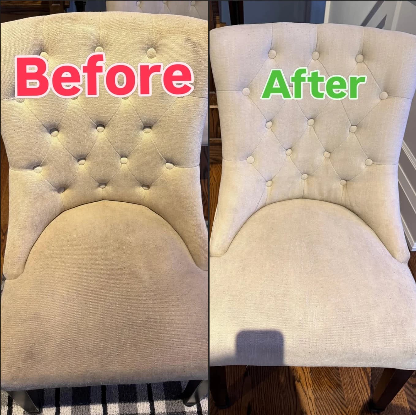 Tufted dining chair before and after upholstery cleaning