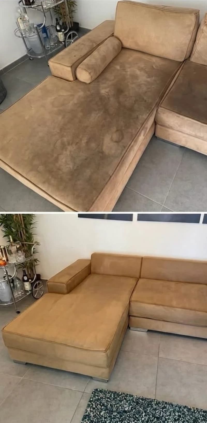 Suede sectional sofa before and after steam shampoo cleaning